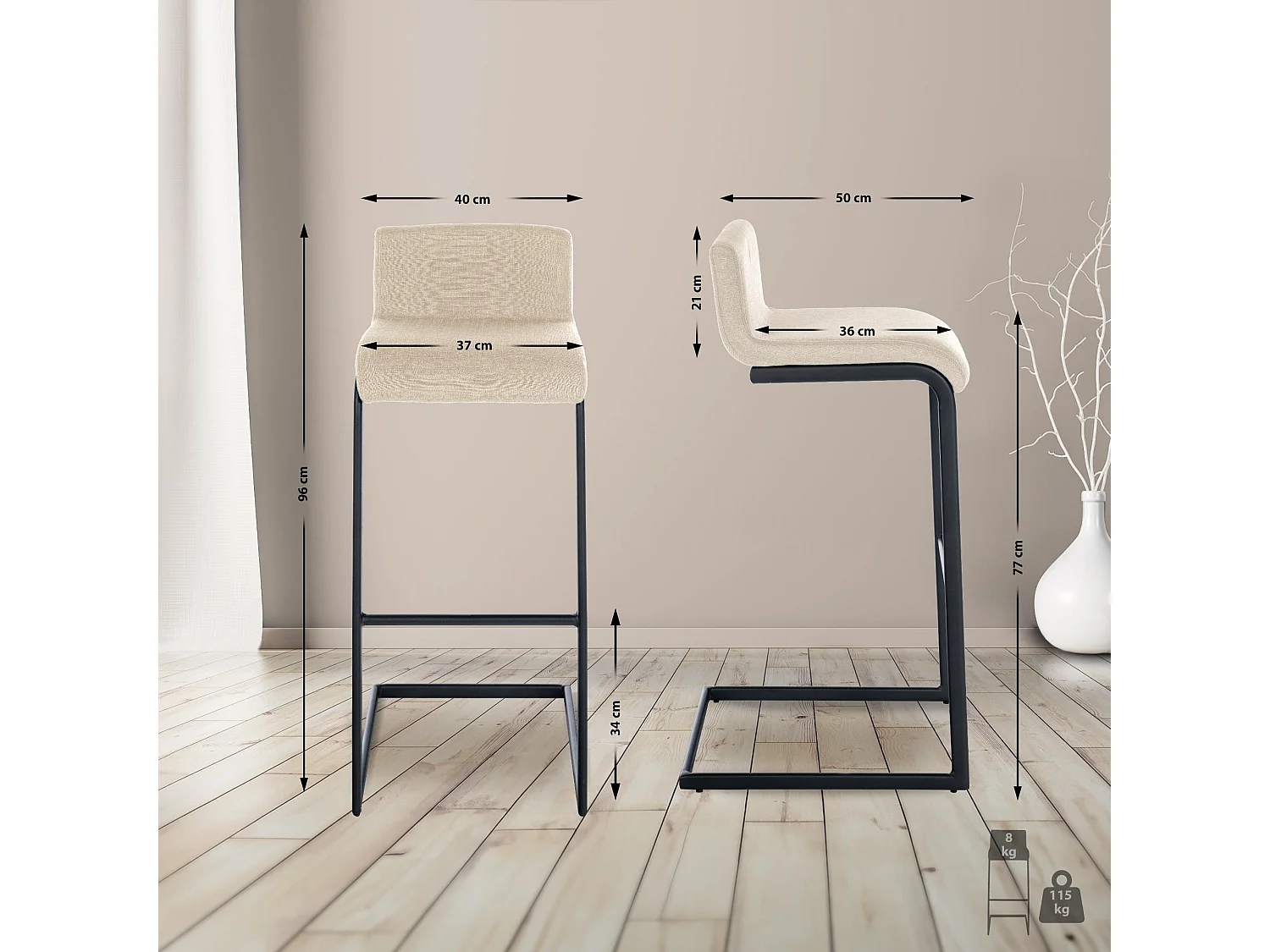 Tabouret de bar - Tissu - Crème - Newport