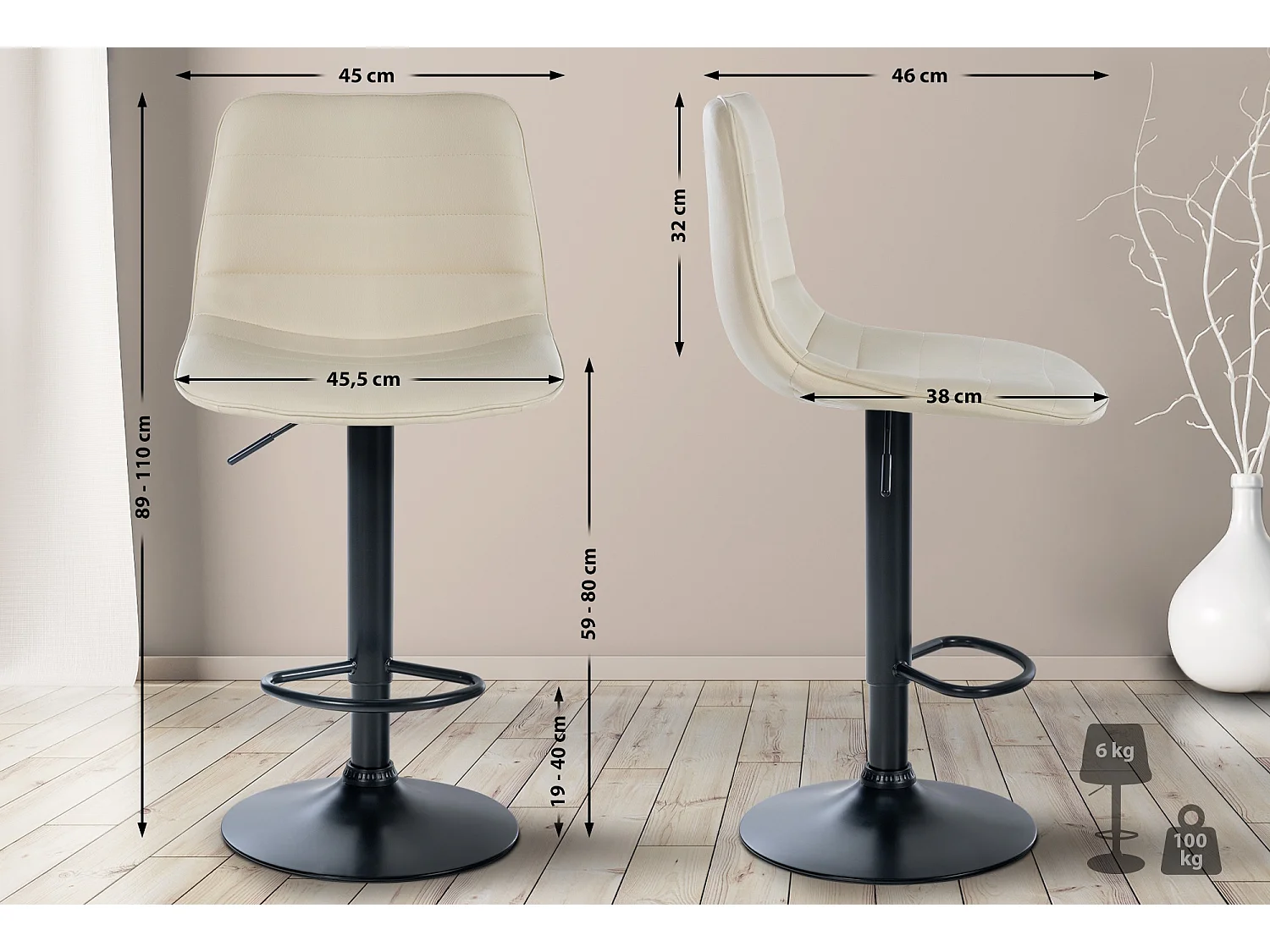 Lot de 2  Tabouret de bar - Similicuir - Crème - Lex