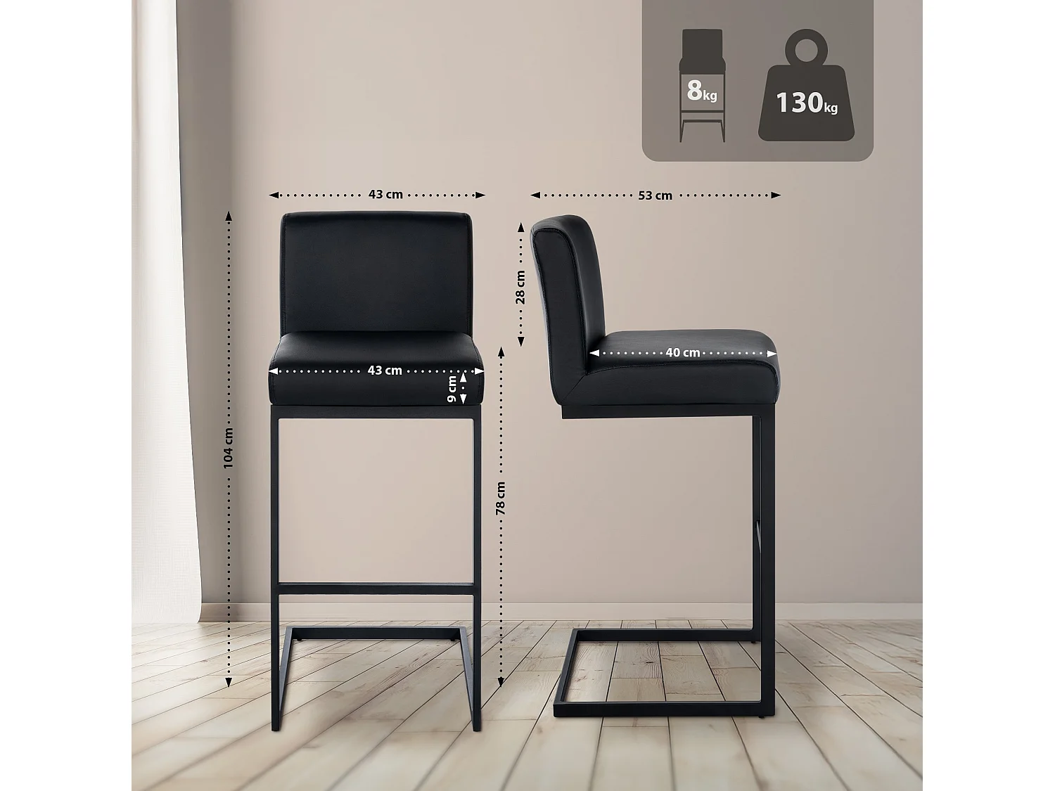 Tabouret de bar - Similicuir - Noir - Hopewell