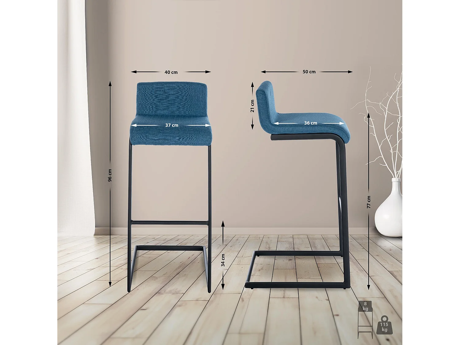 Tabouret de bar - Tissu - Bleu - Newport