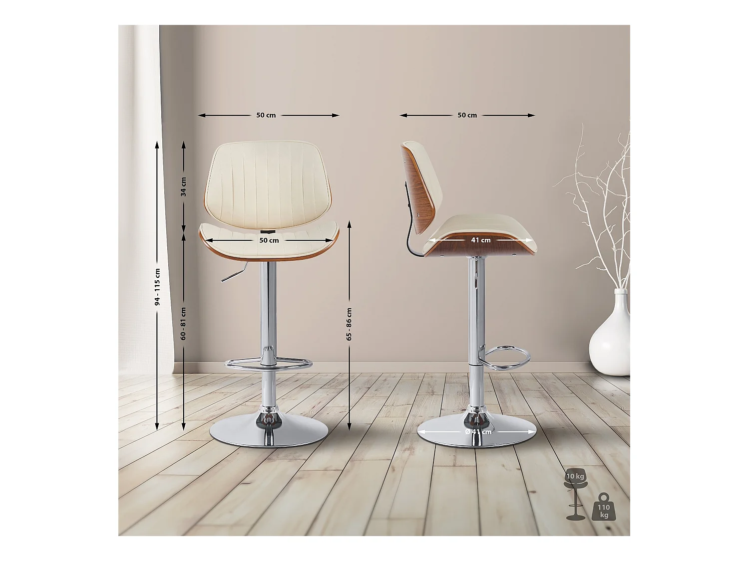 Tabouret de bar - Similicuir & Chrome - Noyer / Crème - Clawson