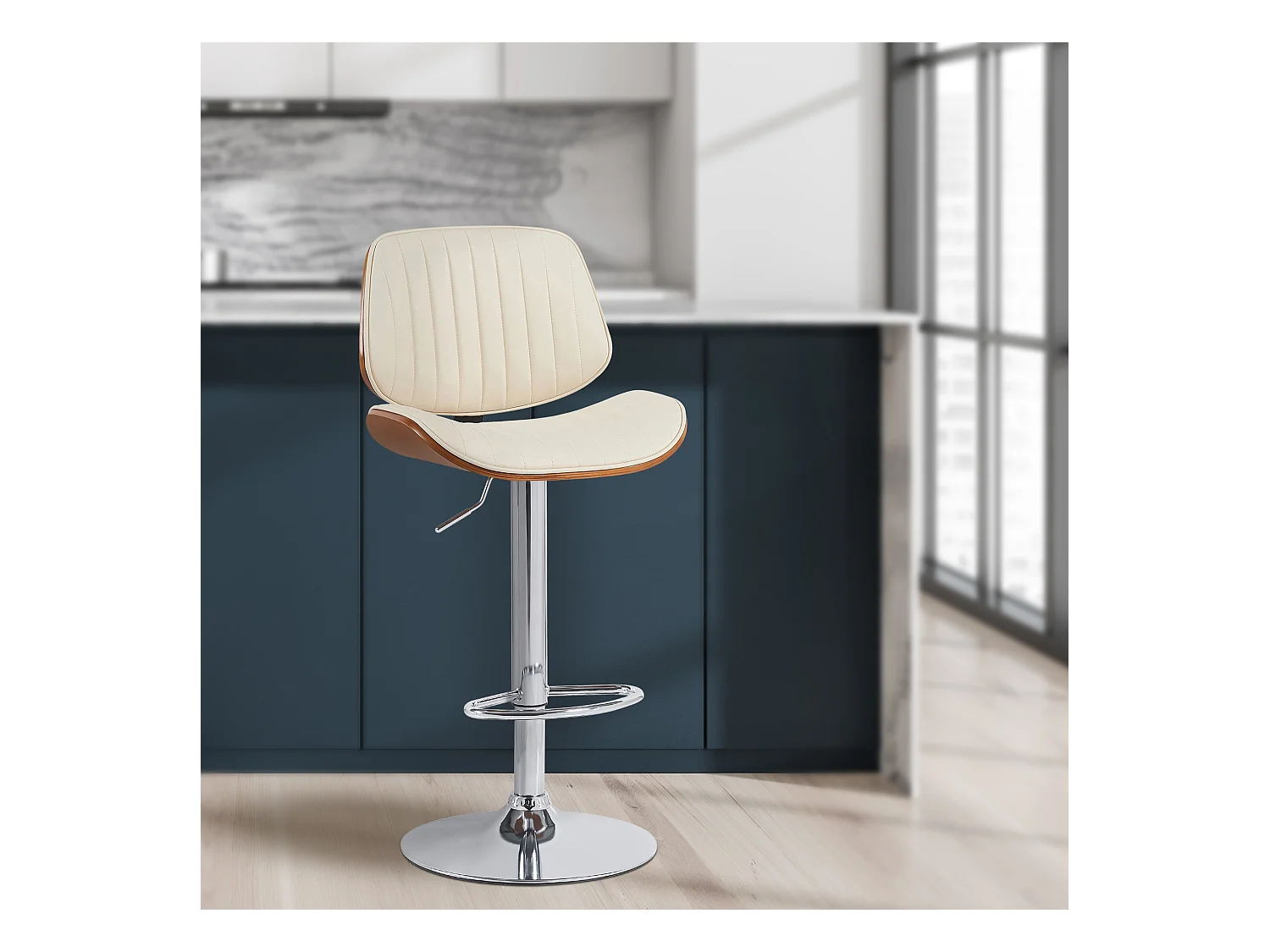 Tabouret de bar - Similicuir & Chrome - Noyer / Crème - Clawson