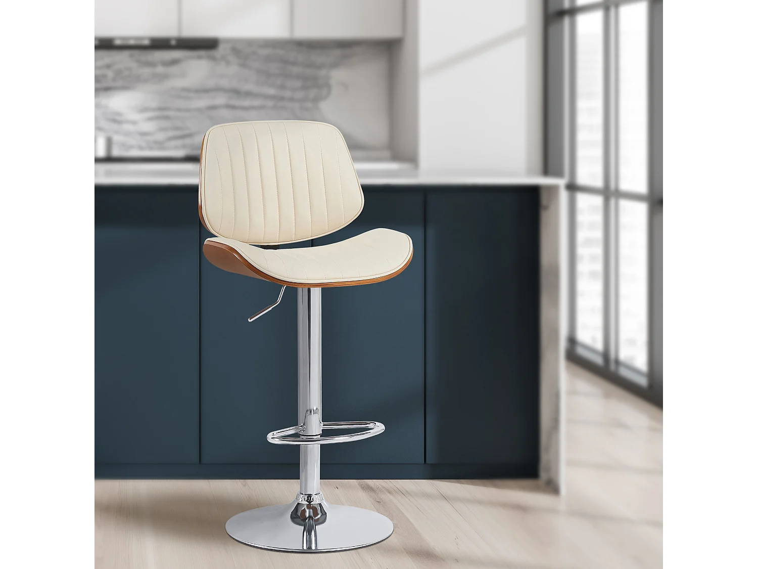 Tabouret de bar - Similicuir & Chrome - Noyer / Crème - Clawson