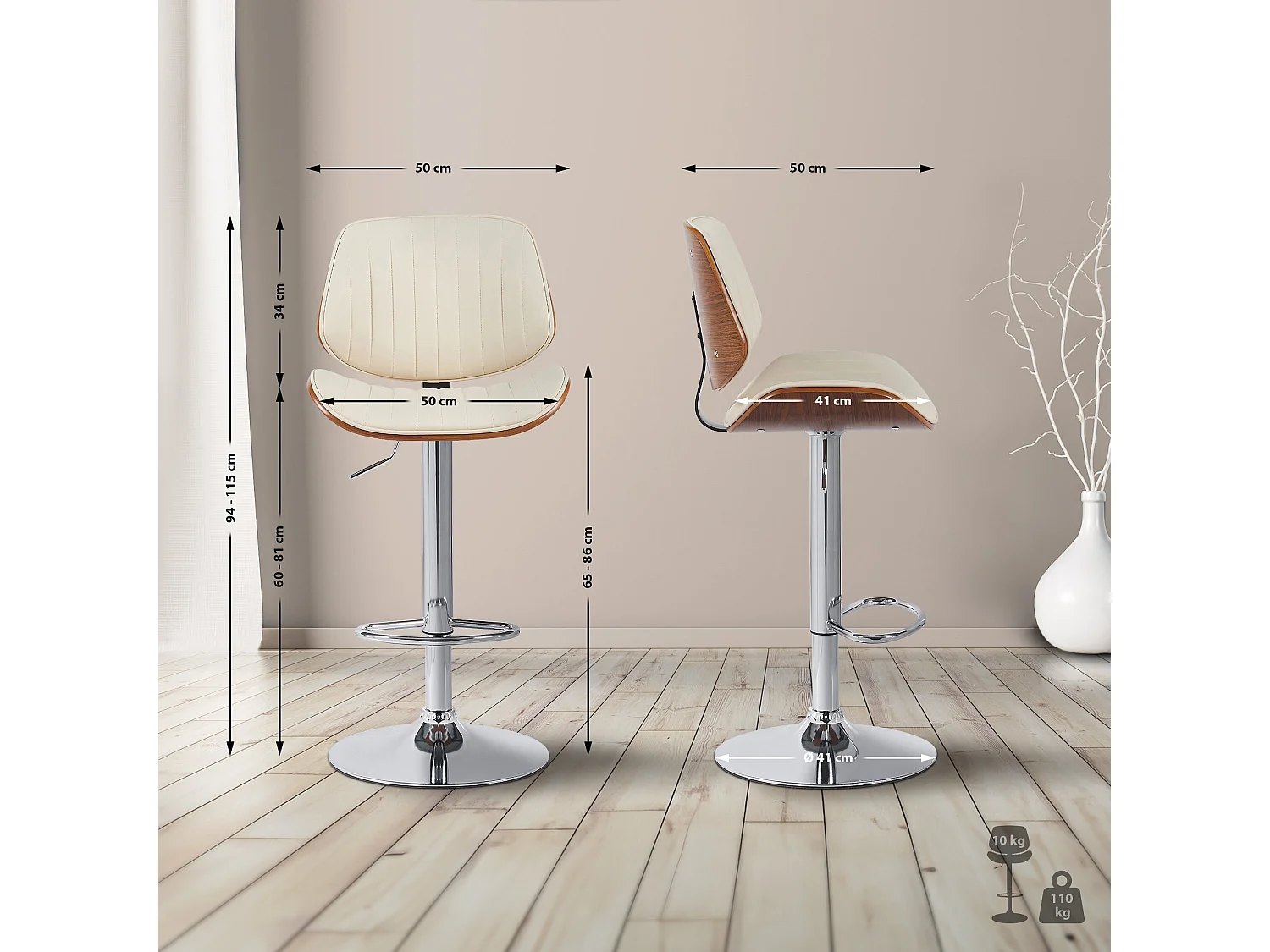 Tabouret de bar - Similicuir & Chrome - Noyer / Crème - Clawson