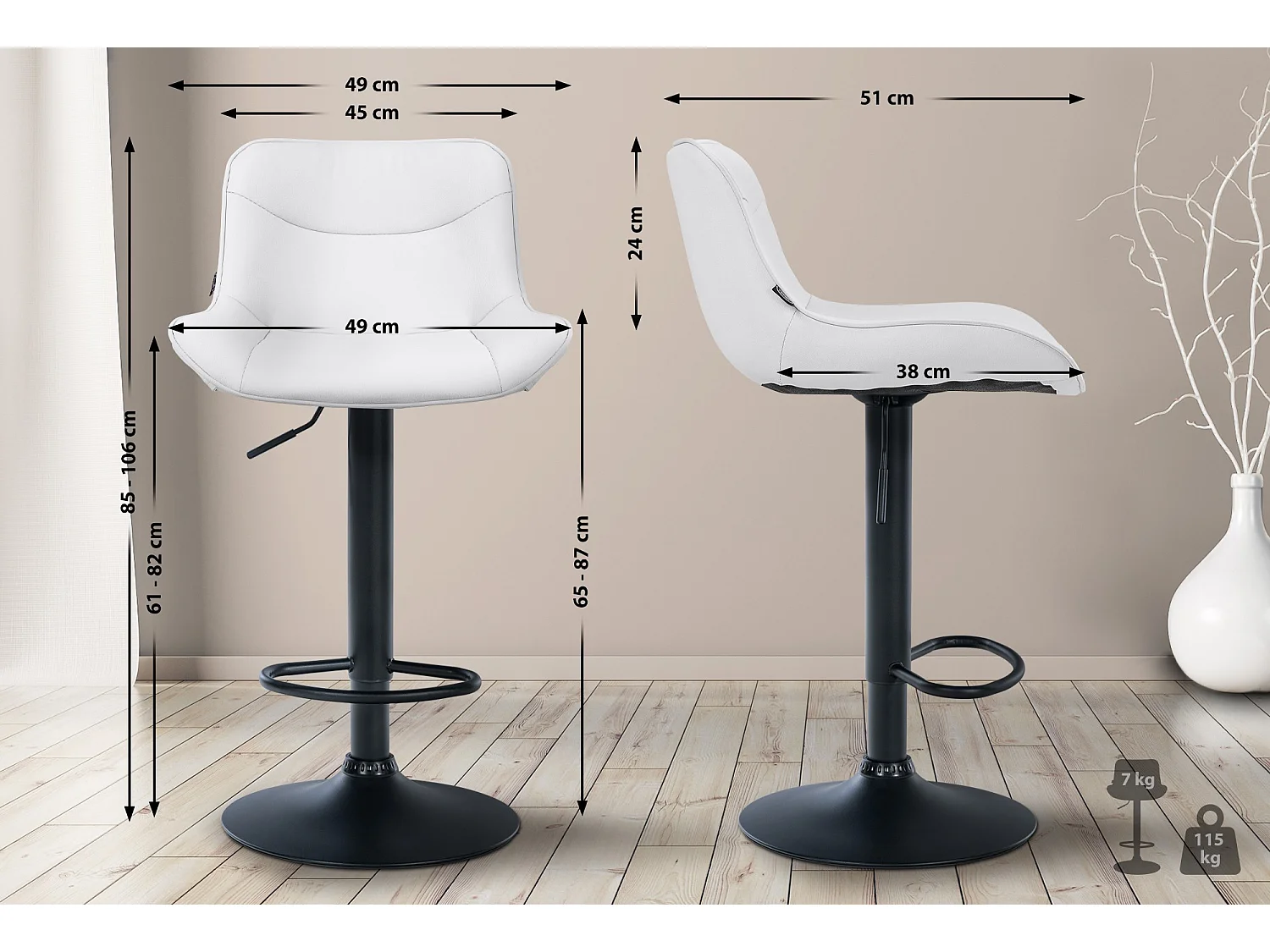 Tabouret de bar - Similicuir (PVC) & Noir - Blanc - Vonore