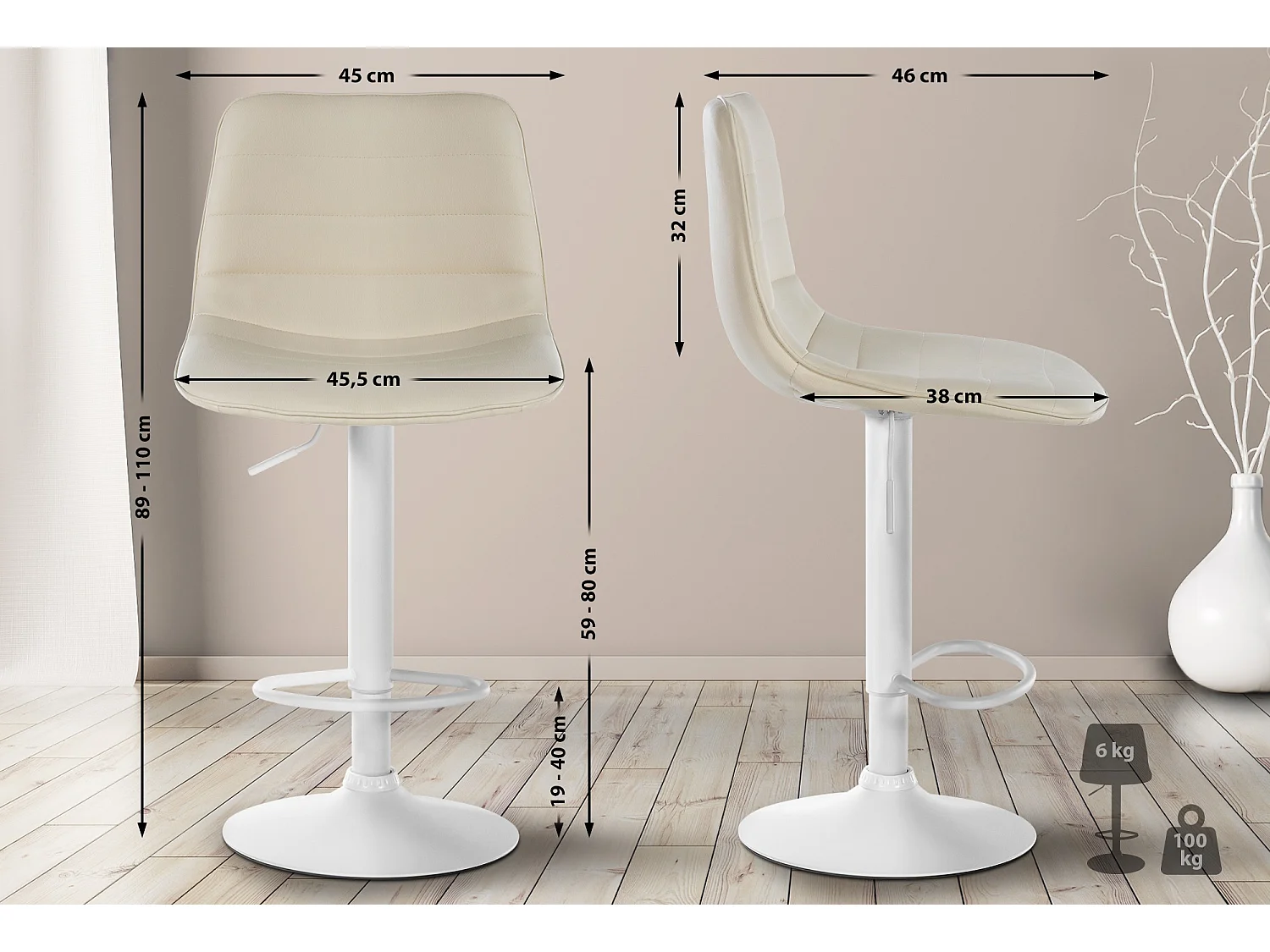 Lot de 2  Tabouret de bar - Similicuir - Crème - Lex