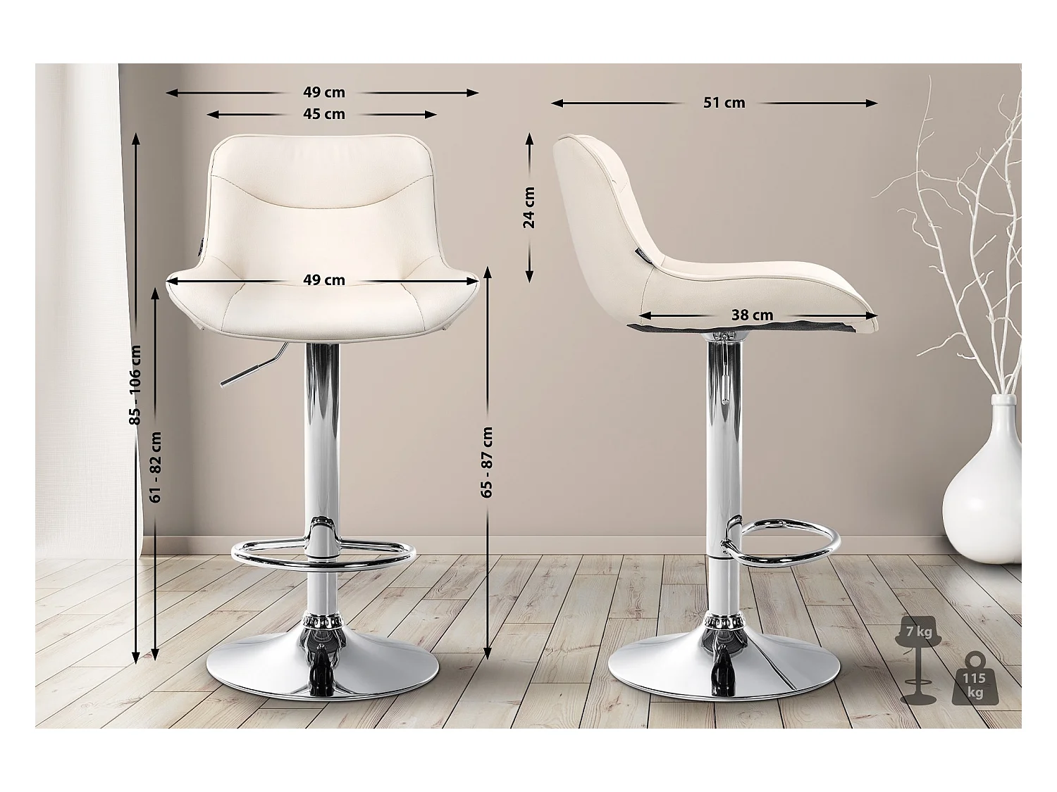 Tabouret de bar - Similicuir (PVC) & Chrome - Crème - Vonore