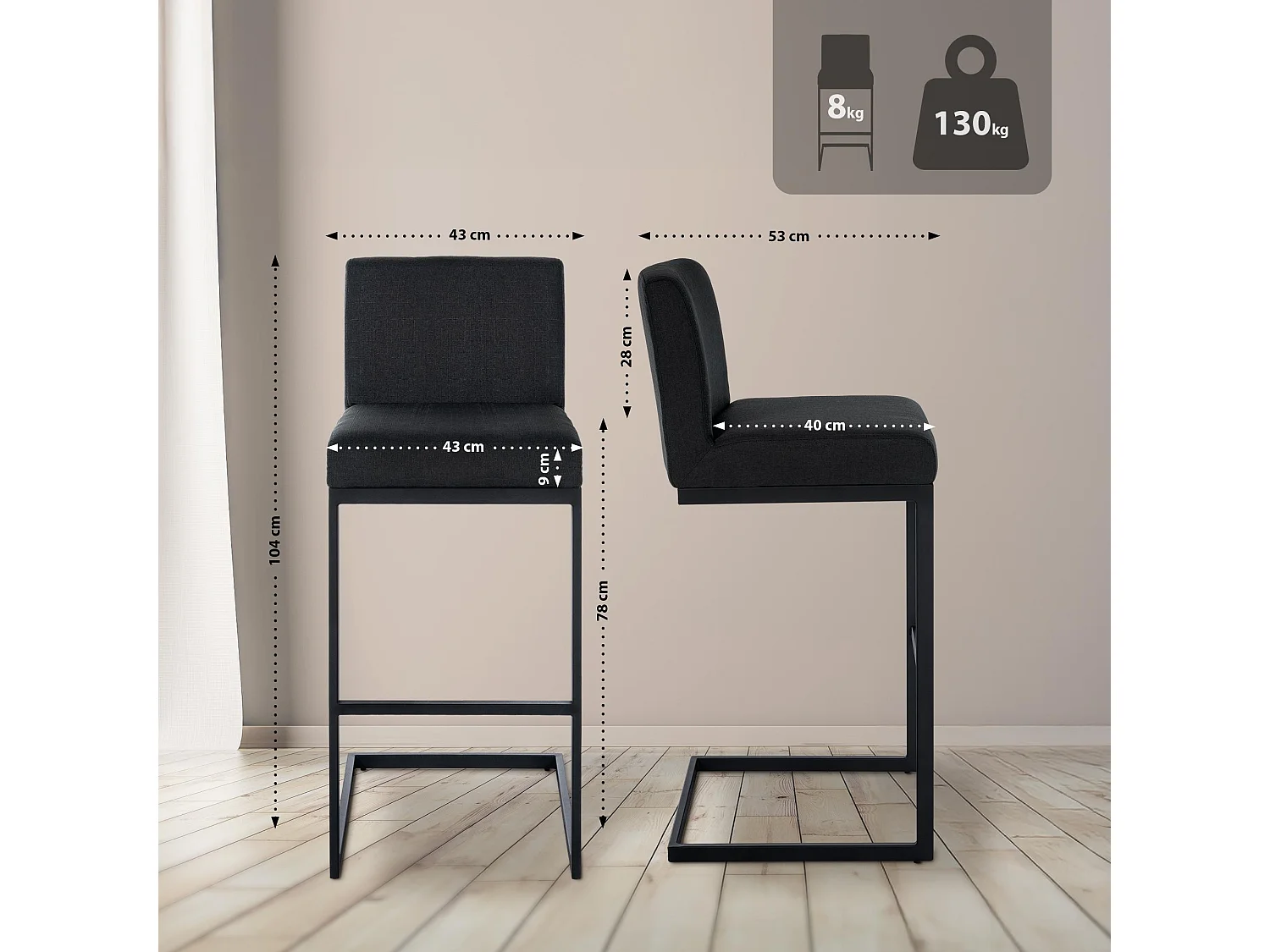 Tabouret de bar - Tissu - Gris foncé - Hopewell