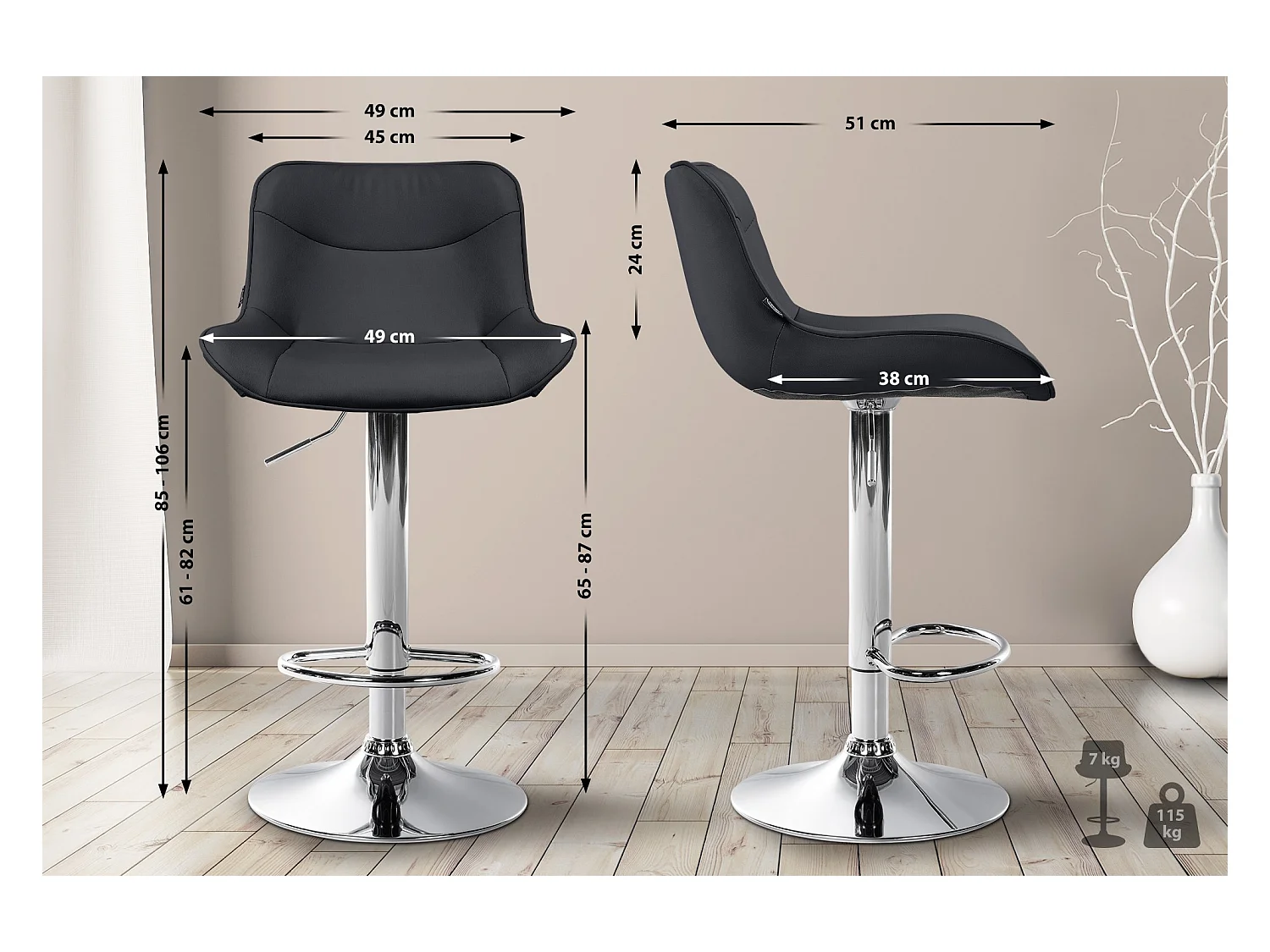 Tabouret de bar - Similicuir (PVC) & Chrome - Noir - Vonore