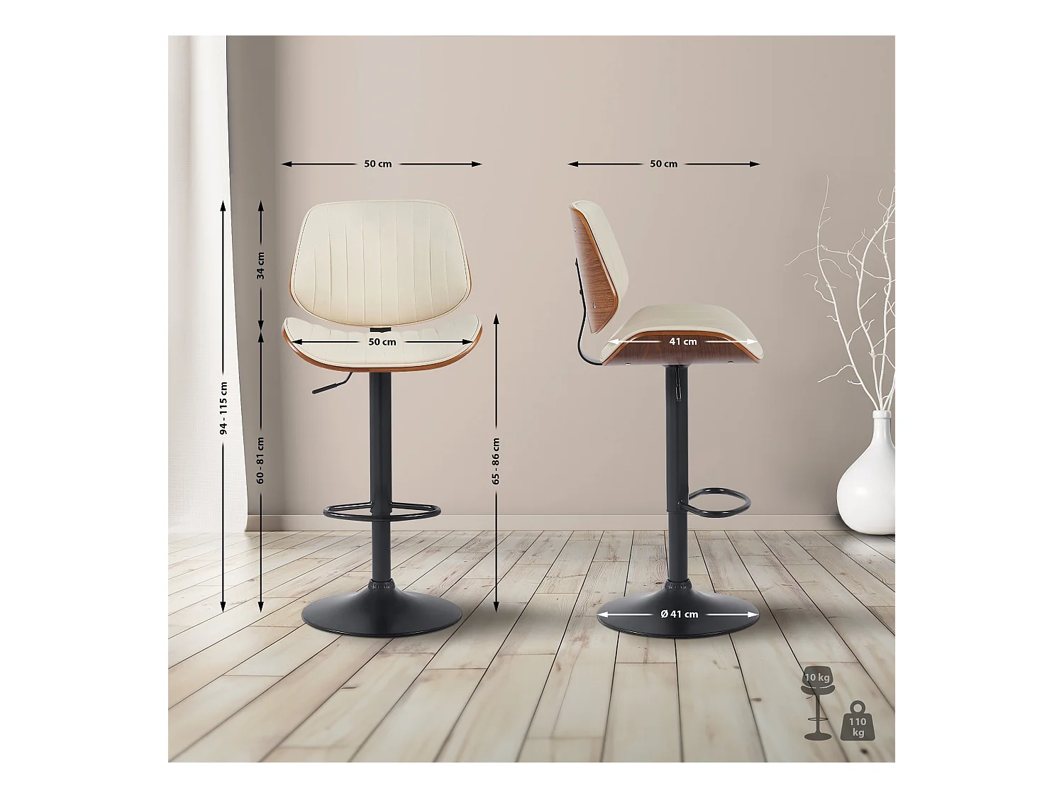 Tabouret de bar - Similicuir & Noir - Noyer / Crème - Clawson