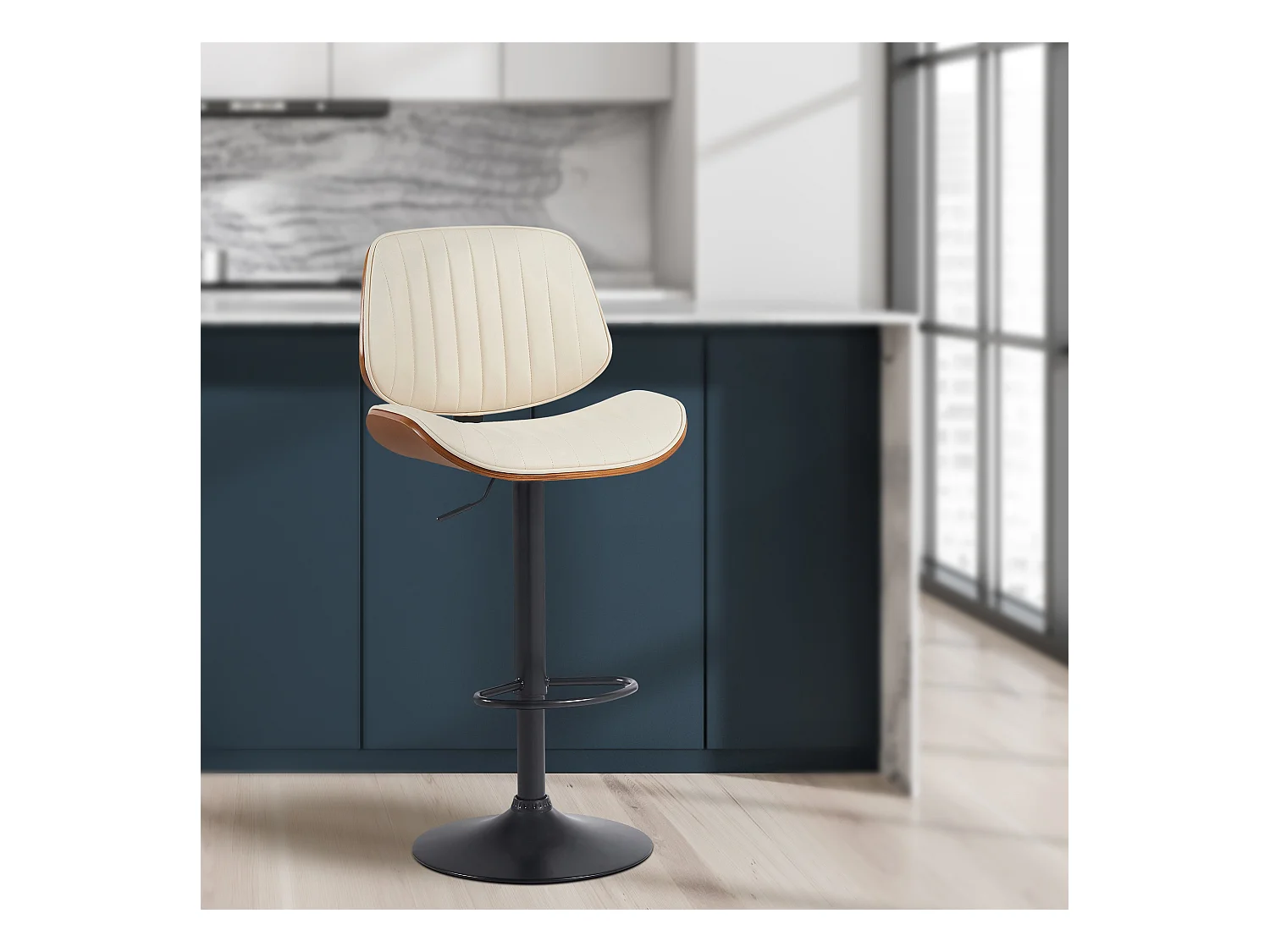 Tabouret de bar - Similicuir & Noir - Noyer / Crème - Clawson