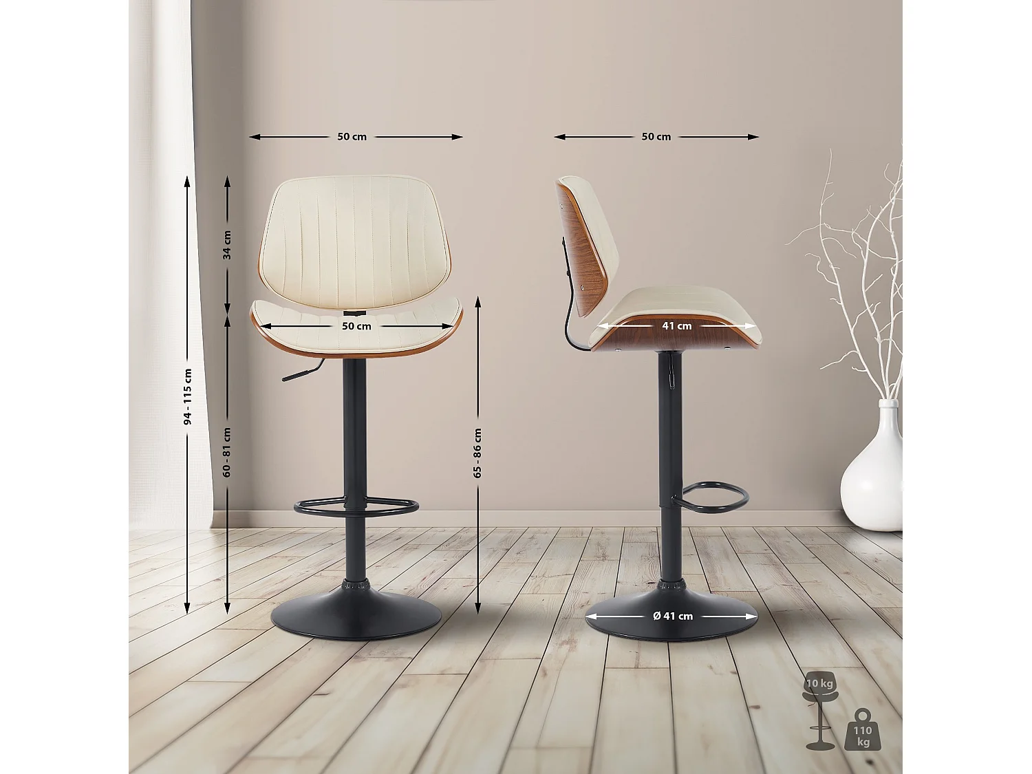 Tabouret de bar - Similicuir & Noir - Noyer / Crème - Clawson