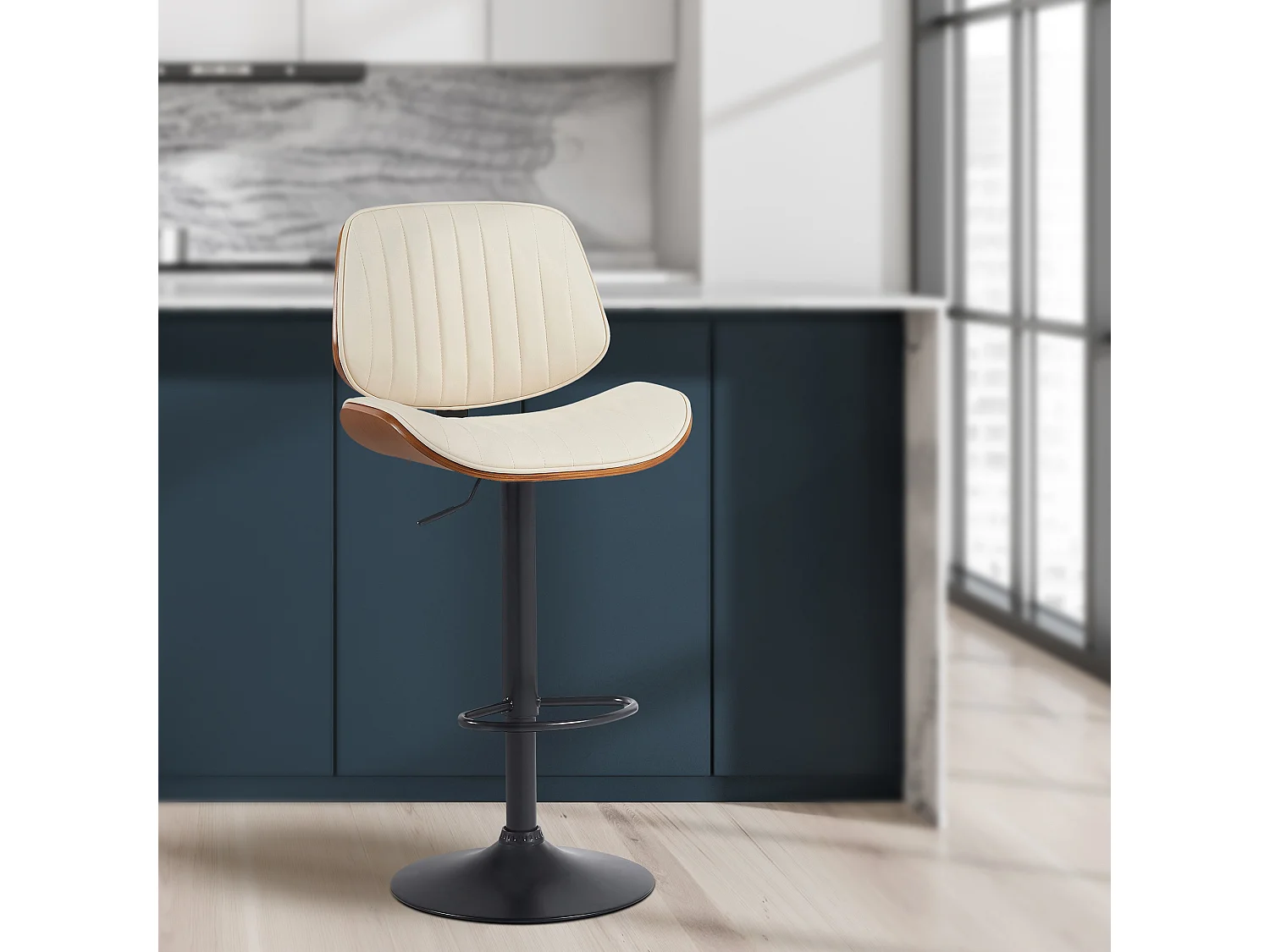 Tabouret de bar - Similicuir & Noir - Noyer / Crème - Clawson