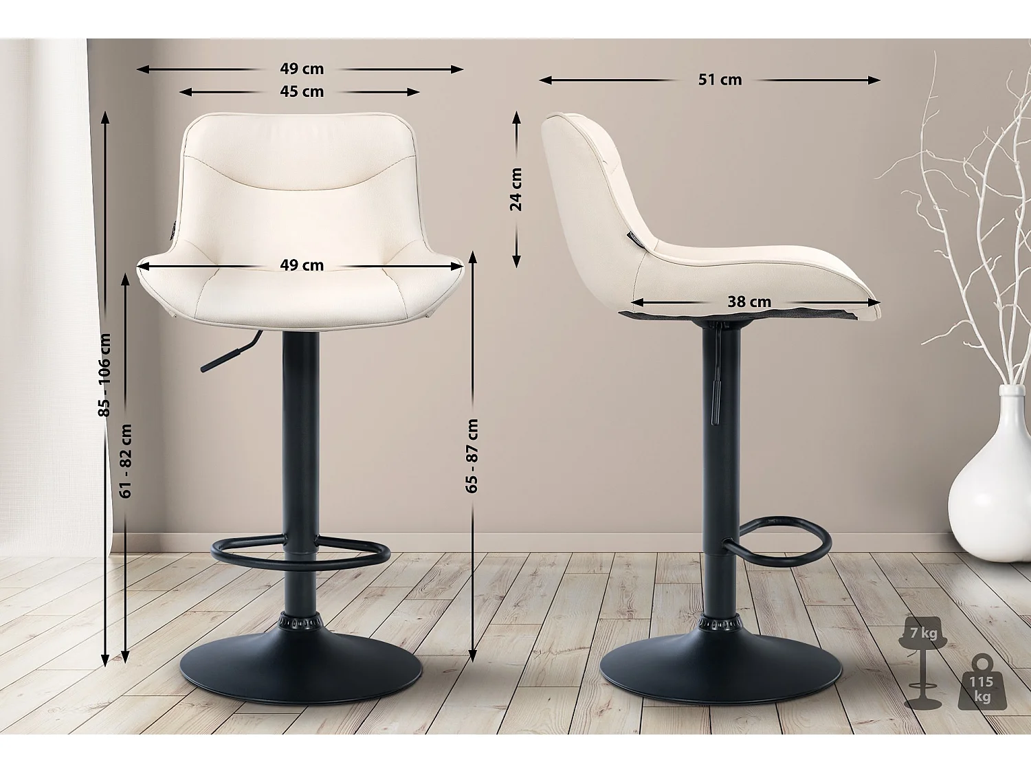 Tabouret de bar - Similicuir (PVC) & Noir - Crème - Vonore