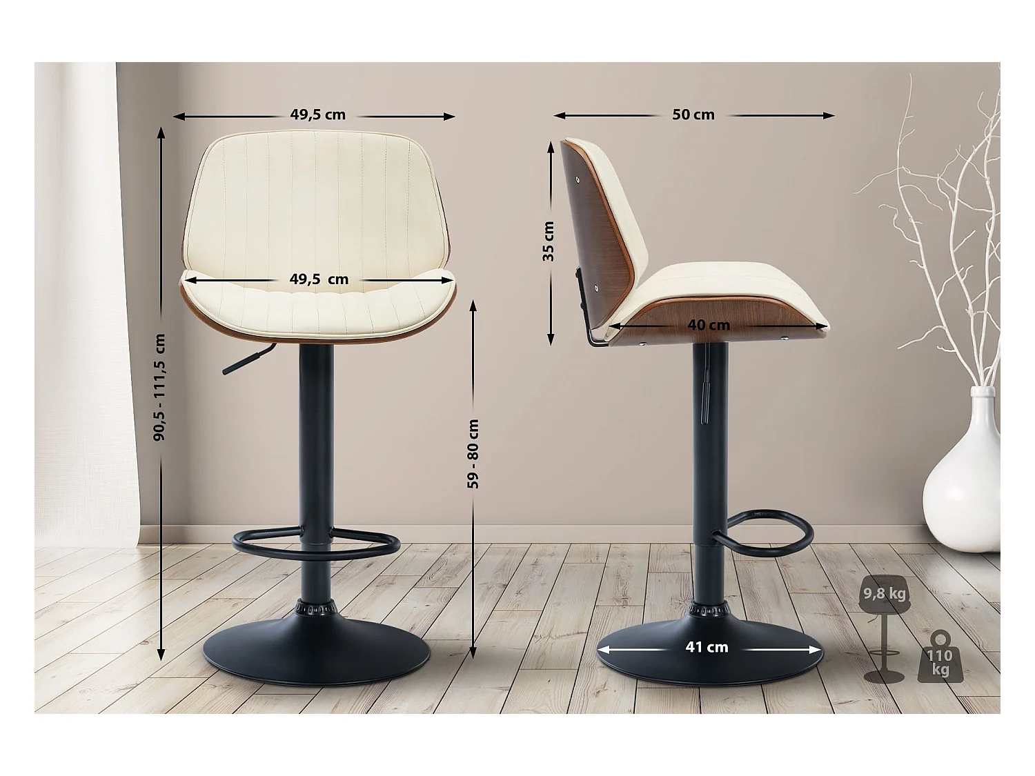 Lot de 2  Tabouret de bar - Similicuir - Noyer / Crème - Nova