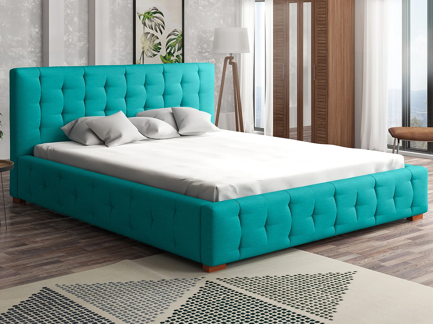 LIT TAPISSÉ avec coffre de lit et matelas Presto 160x200 cm, Orinoco 85 (Bleu turquoise)