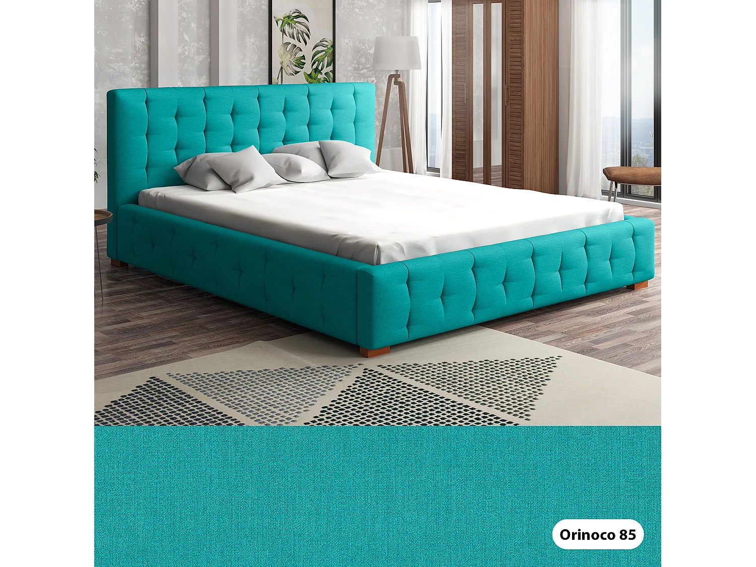 LIT TAPISSÉ avec coffre de lit et matelas Presto 160x200 cm, Orinoco 85 (Bleu turquoise)