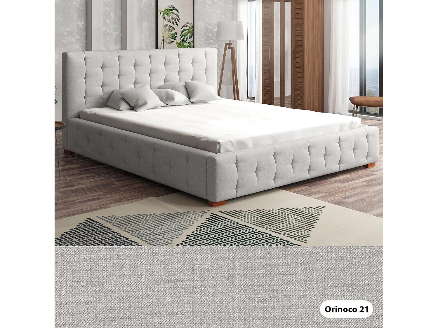 LIT TAPISSÉ avec coffre de lit et matelas Presto 200x200 cm, Orinoco 21 (Gris clair)