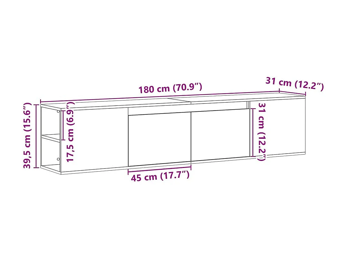 Móvel de parede p/ TV c/ luzes LED 180x31x39,5 cm cinza cimento