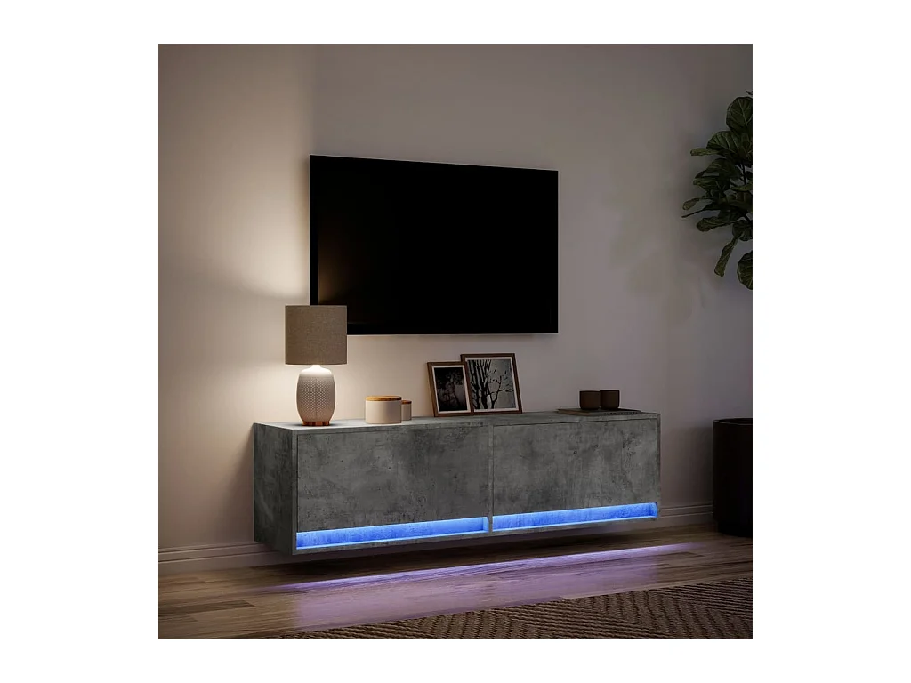 Meuble TV mural avec lumières LED gris béton 140x31x38 cm