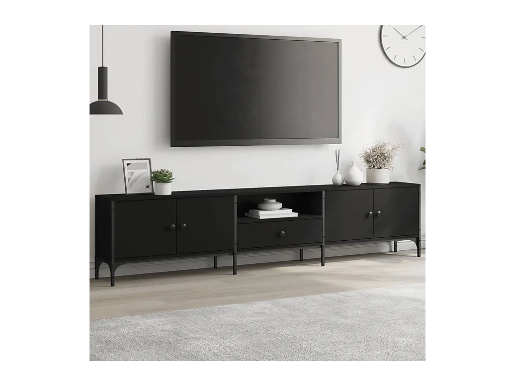 Meuble TV avec tiroir noir 200x25x44 cm bois d'ingénierie