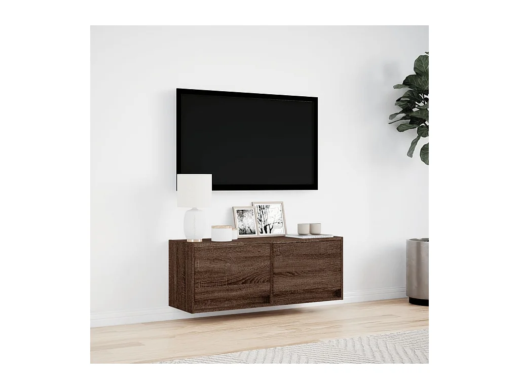 Meuble TV mural avec lumières LED chêne marron 100x31x35 cm