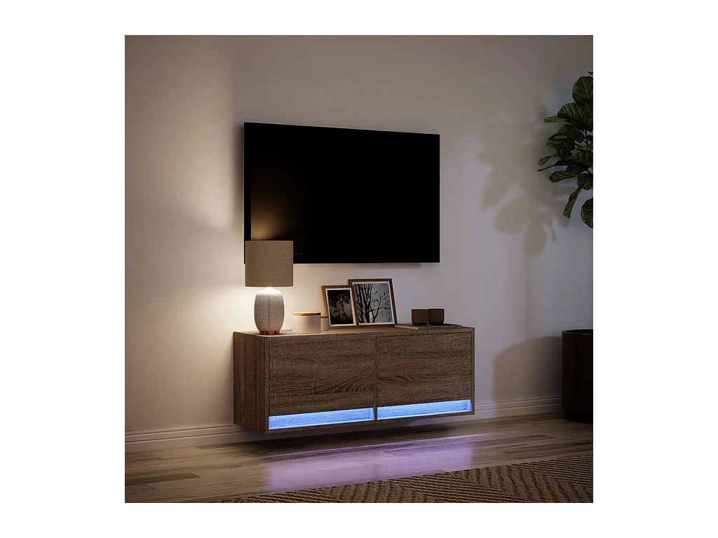 Meuble TV mural avec lumières LED chêne marron 100x31x35 cm