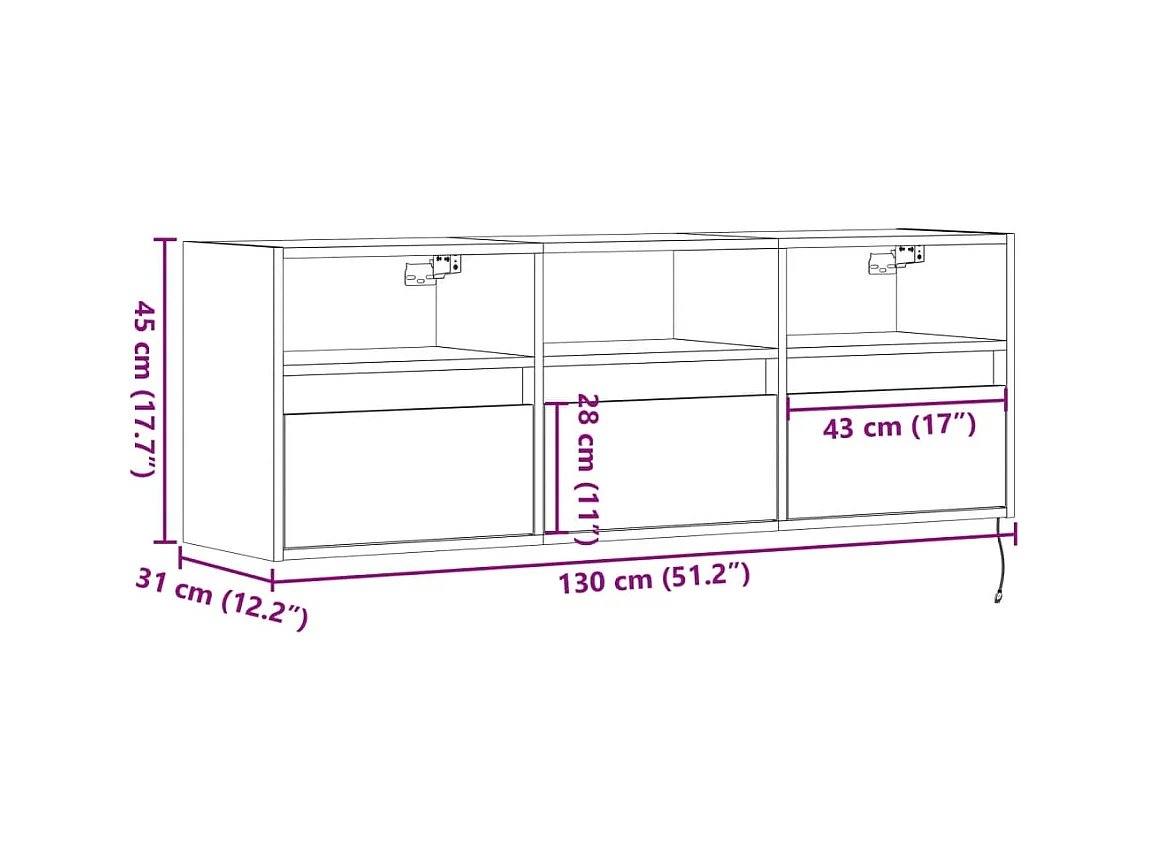 Meuble TV mural avec lumières LED sonoma gris 130x31x45 cm