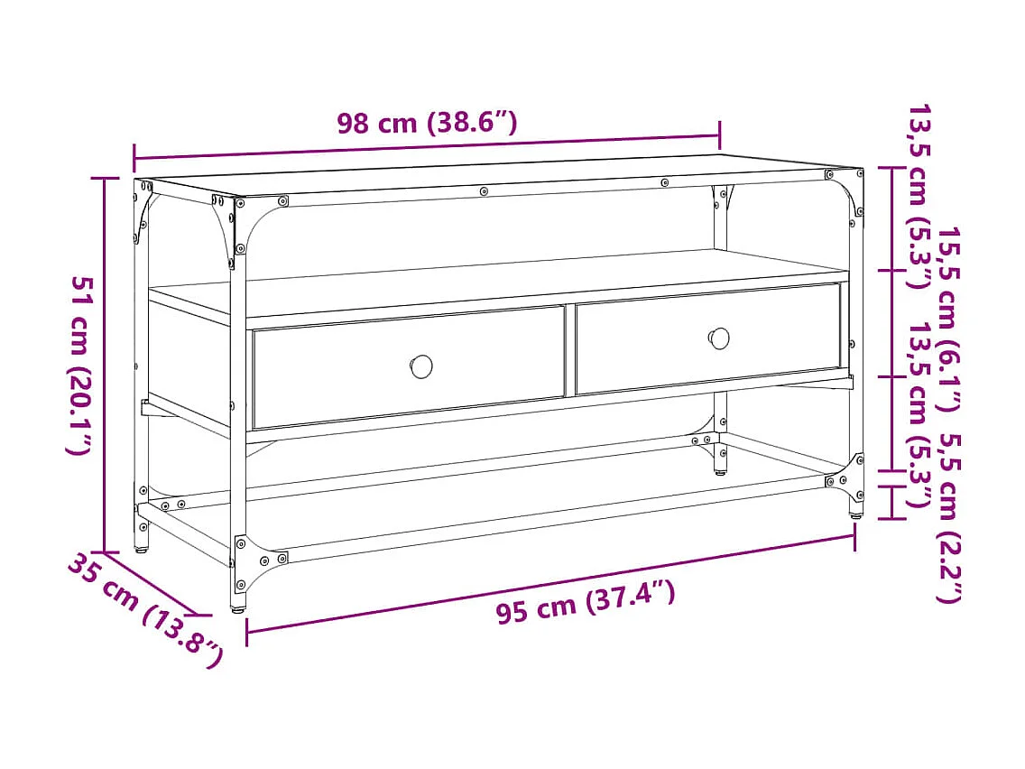 Tv-meubel met glazen blad 98x35x51 cm hout gerookt eikenkleurig