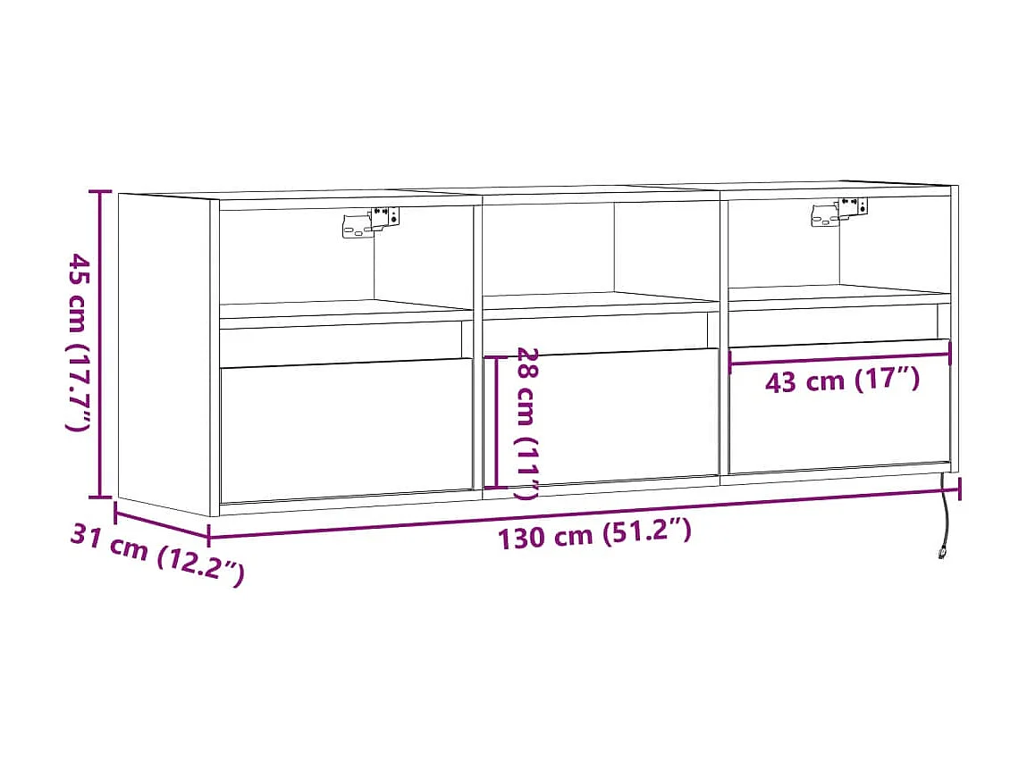Móvel de parede para TV com luzes LED 130x31x45 cm preto