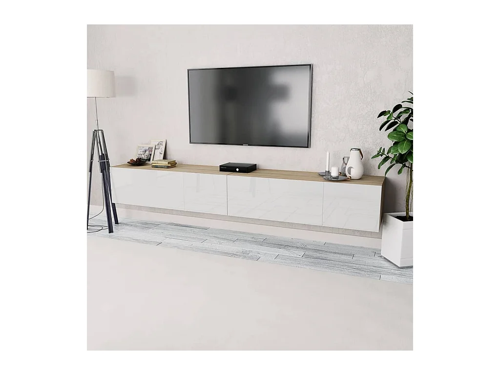 Meubles TV 2 pcs bois d’ingénierie chêne et blanc brillant