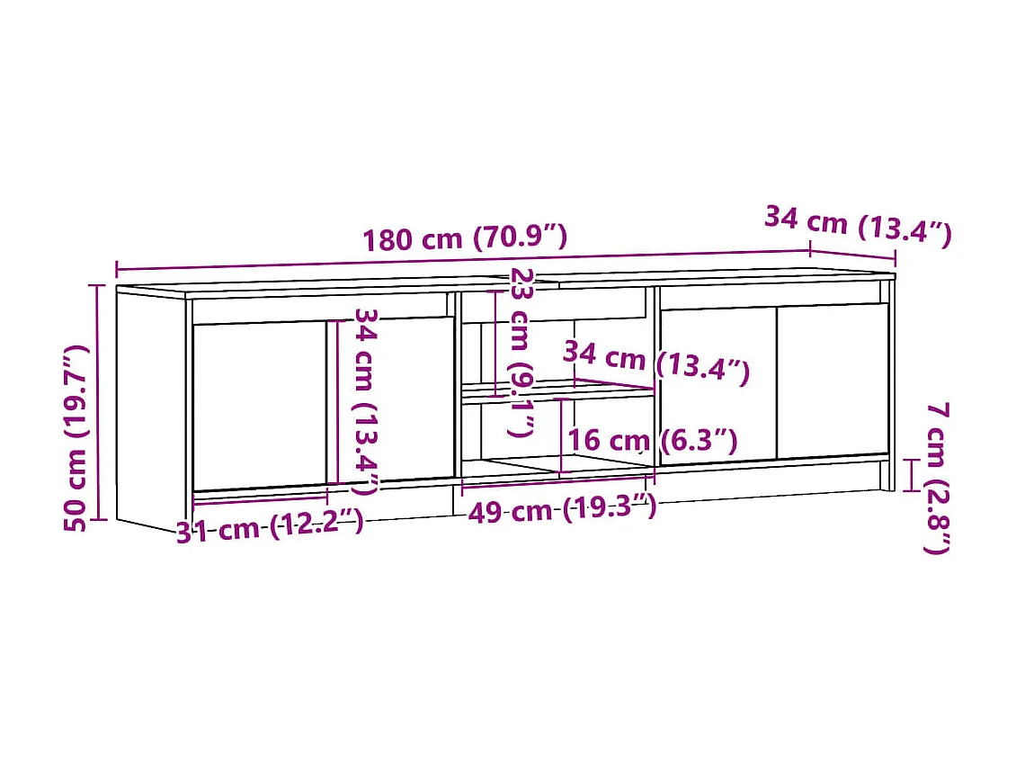 Tv-meubel met LED 180x34x50 cm bewerkt hout gerookt eikenkleur