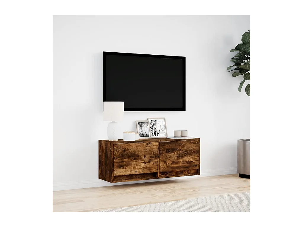 Meuble TV mural avec lumières LED chêne fumé 100x31x35 cm