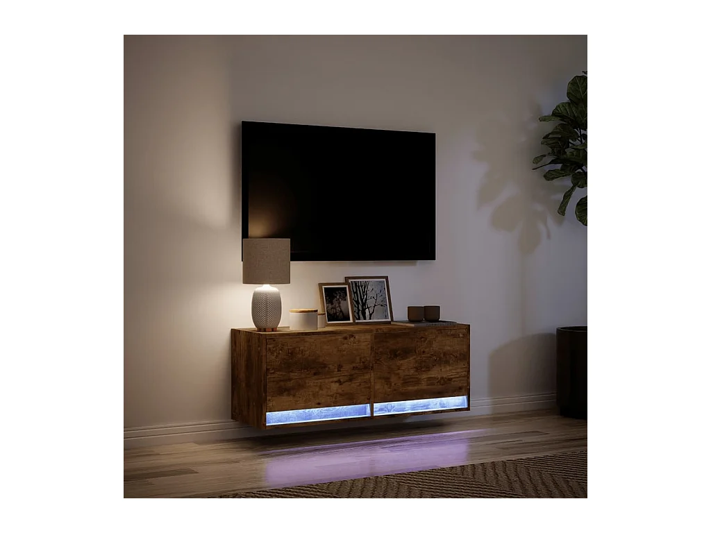 Meuble TV mural avec lumières LED chêne fumé 100x31x35 cm