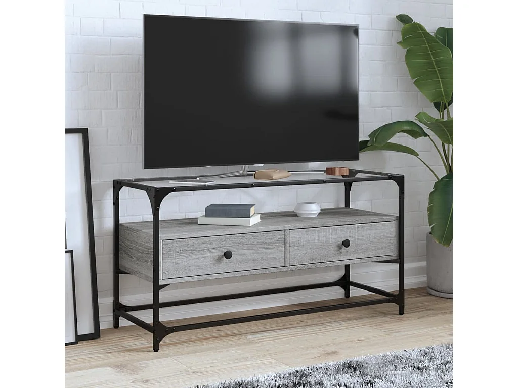 Meuble TV avec dessus en verre sonoma gris bois d'ingénierie