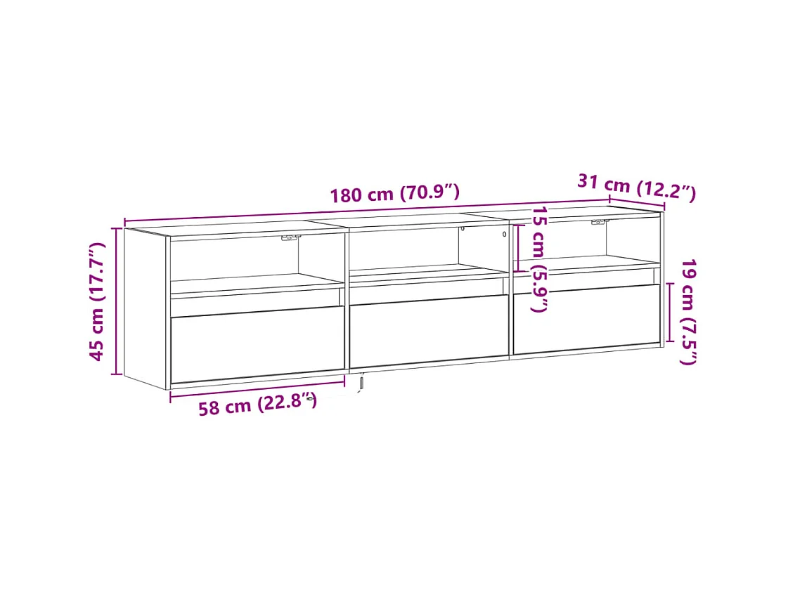 Tv-wandmeubel met LED-verlichting 180x31x45 cm grijs sonoma