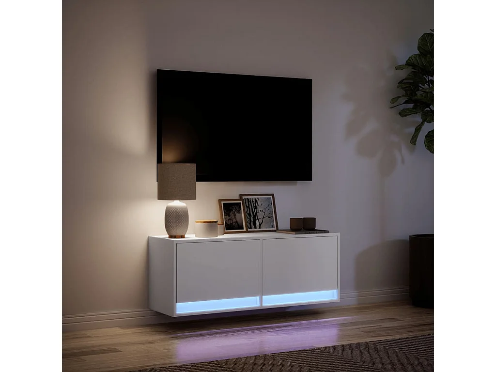 Meuble TV mural avec lumières LED blanc 100x31x35 cm