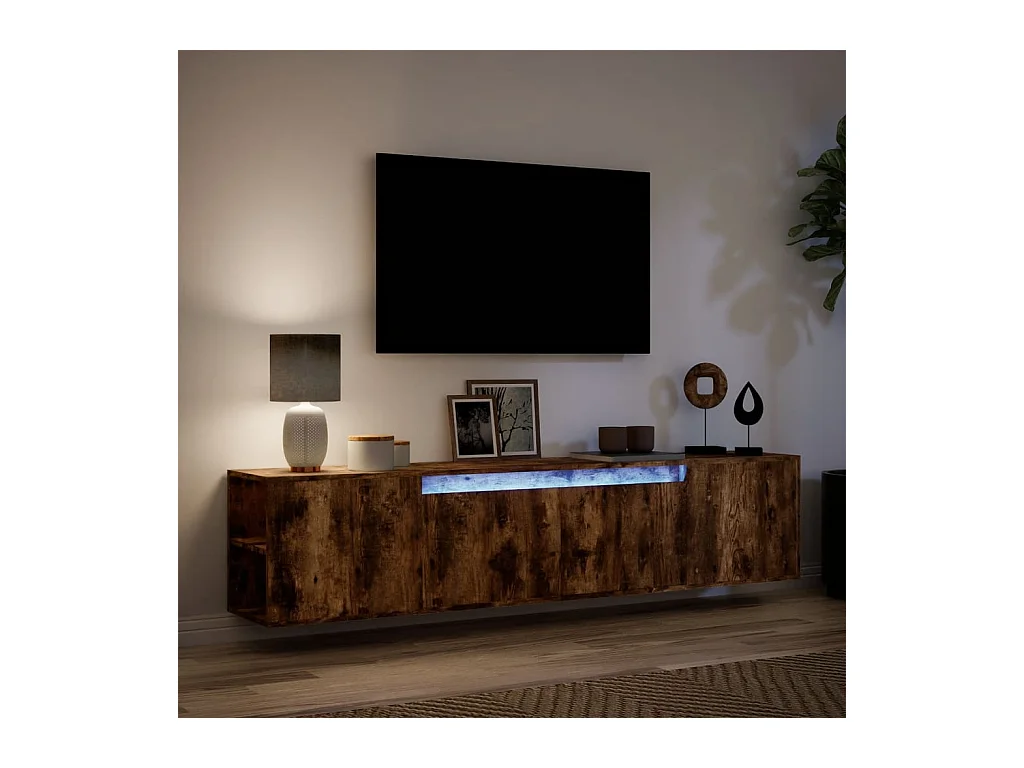 Meuble TV mural avec LED chêne fumé 180x31x39,5 cm