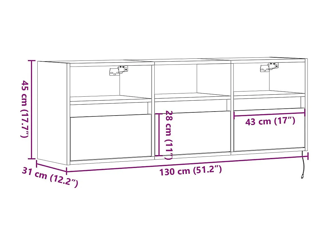 Mueble de TV de pared con luces LED gris hormigón 130x31x45 cm