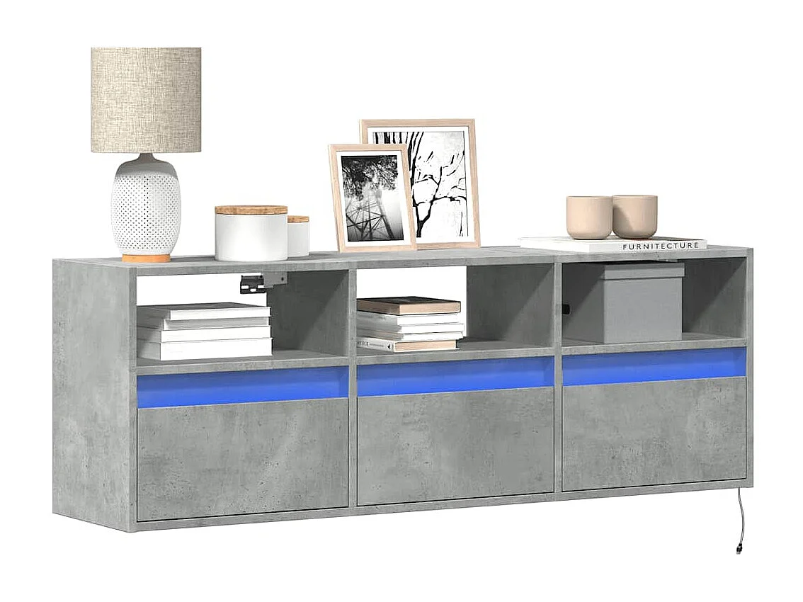 Meuble TV mural avec lumières LED gris béton 130x31x45 cm