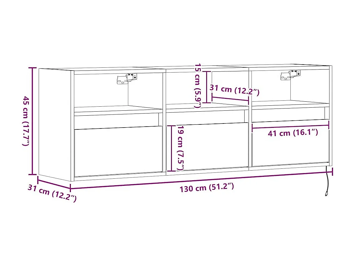 Mobile TV a Parete con Luci LED Grigio Cemento 130x31x45 cm