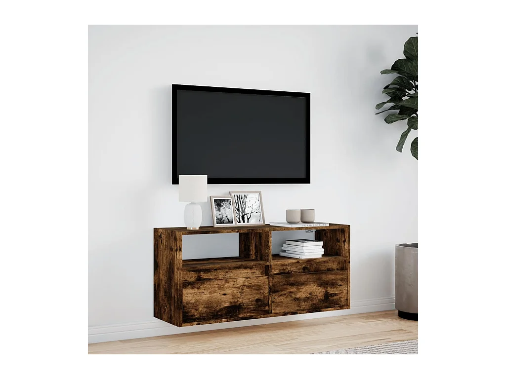 Meuble TV mural avec lumières LED chêne fumé 100x31x45 cm