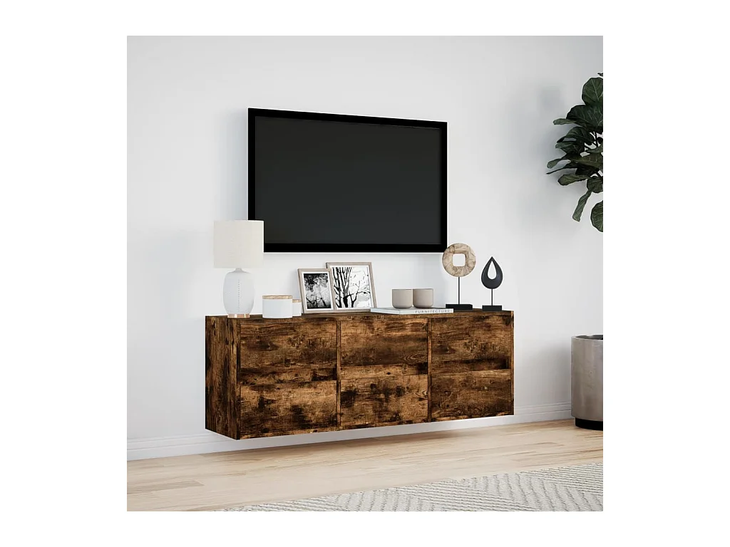 Meuble TV mural avec lumières LED chêne fumé 130x31x45 cm