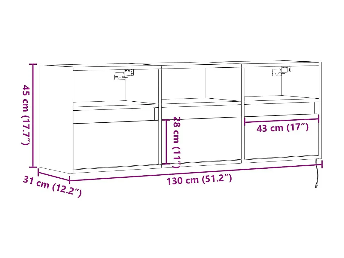 Tv-wandmeubel met LED-verlichting 130x31x45 cm wit