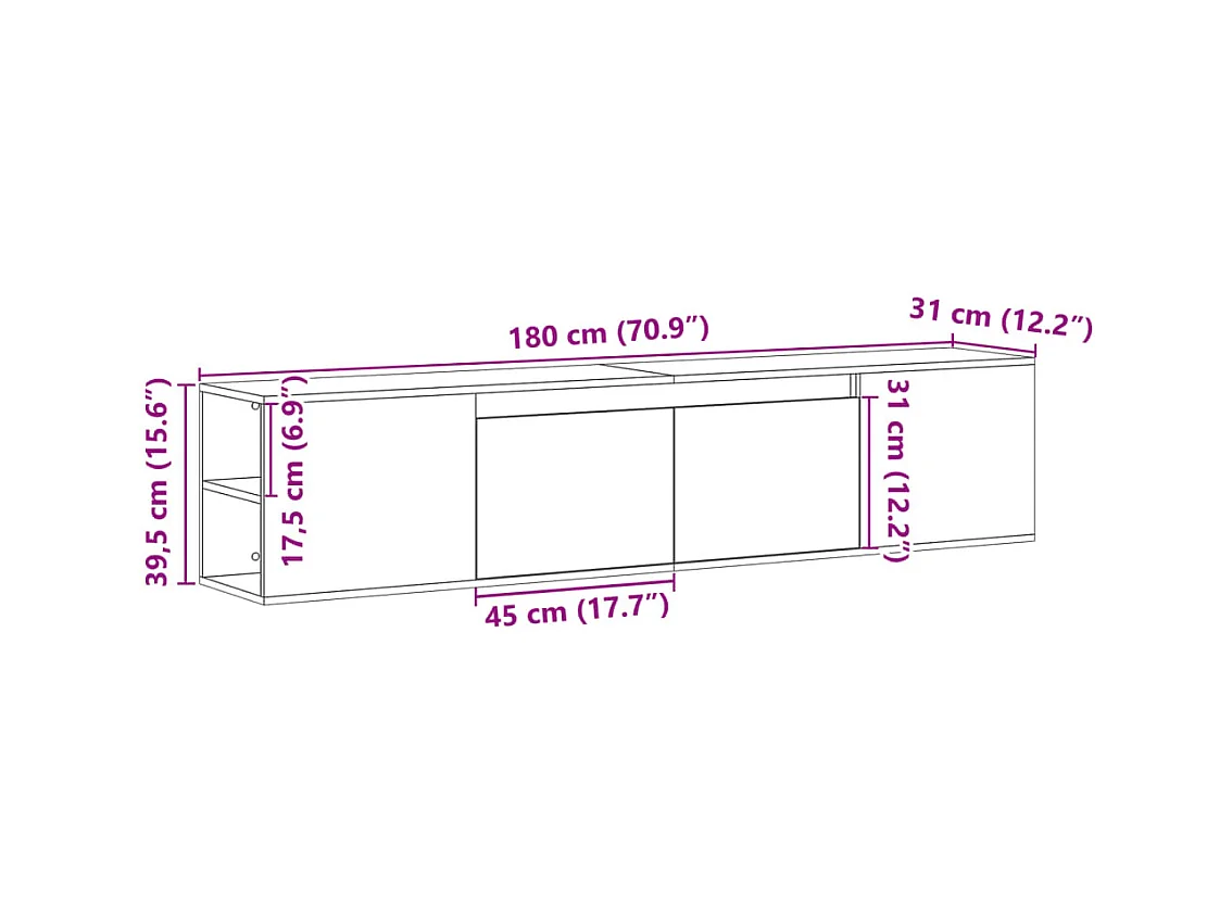 Mobile TV a Parete con LED Bianco 180x31x39,5 cm