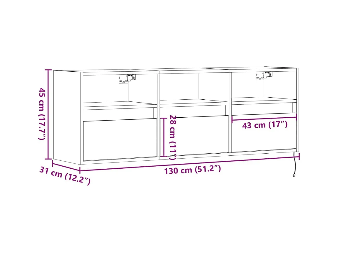 Meuble TV mural avec lumières LED chêne fumé 130x31x45 cm