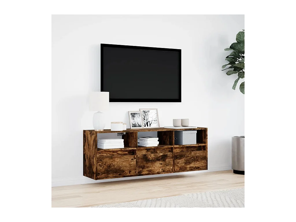 Meuble TV mural avec lumières LED chêne fumé 130x31x45 cm