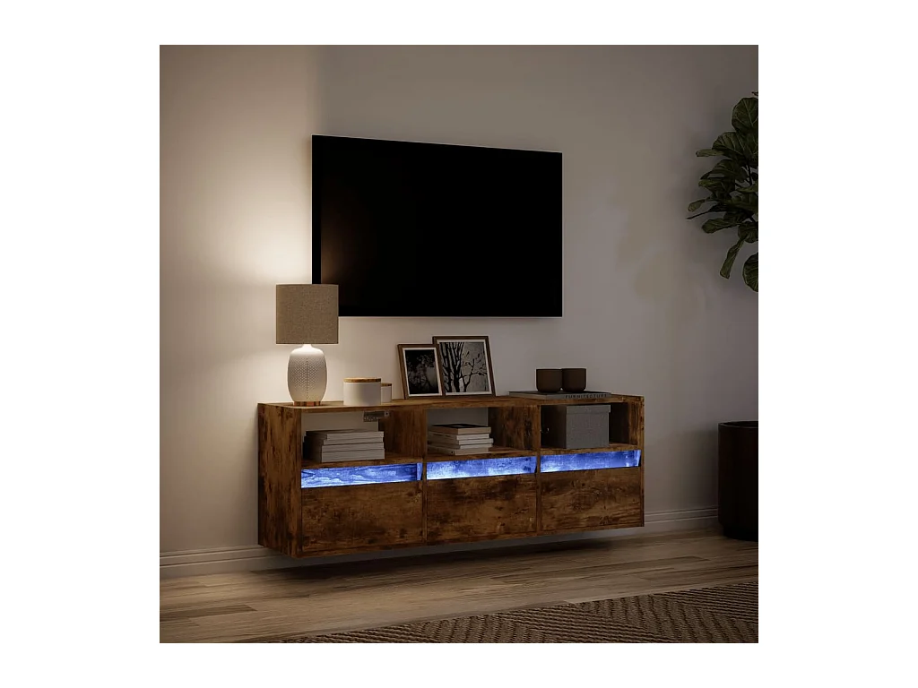 Meuble TV mural avec lumières LED chêne fumé 130x31x45 cm