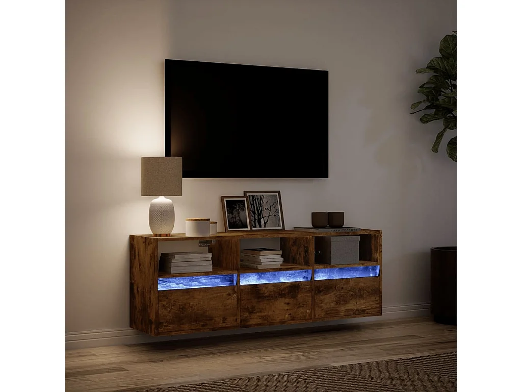 Meuble TV mural avec lumières LED chêne fumé 130x31x45 cm