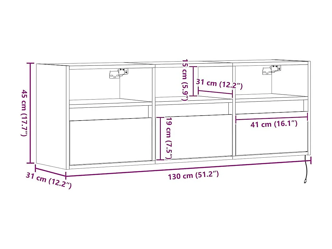 Meuble TV mural avec lumières LED chêne fumé 130x31x45 cm